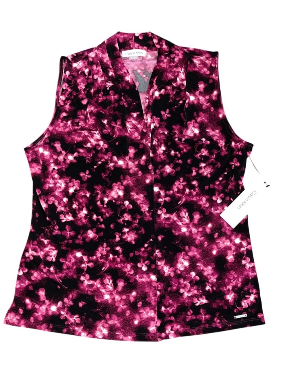 Calvin Klein Black Pink Sleeveless Tank Dressy Blouse NWT Ladies Medium V Neck